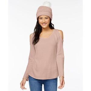 Self E Juniors Waffle Knit Cold Shoulder Top Faux Fur Trimmed Beanie